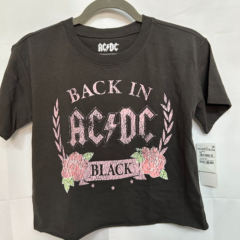 AC/DC Back in Black Gray and Pink Crop Top Women's Size Large